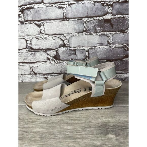 Birkenstock Papillio Grey Nubuck Suede Teal Patent Cork Wedge Sandals Women 38EU - Picture 1 of 16